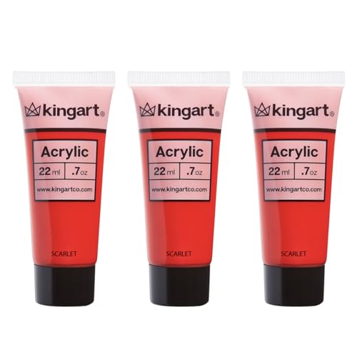 KINGART PRO Artist Quality SCARLET Acrylic Paint, 22ml (0.74oz) Tubes, 3 Pack - Set (66ml Total), Scarlet Red
