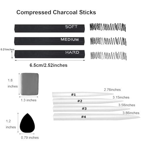 46 PCS Blending Stumps and Tortillions with Charcoal Stick | Sandpaper Pencil Sharpener Pointer, Compressed Charcoal Sticks, For Student Artist Sketch Drawing Shading - size: 46 Pcs Set