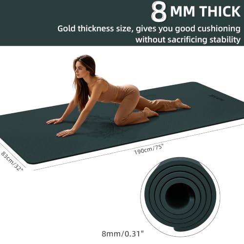 HAHE Extra Wide Yoga Mat, 75"x 32" POE Deer Print Exercise & Fitness Mat | 8mm Thick Large Yoga Mats for Men & Women, Pilates Mat for Home Workout, Non Slip Exercise Mats with Carry Strap - color: Forest green