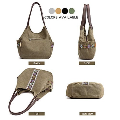 Worldlyda Women Canvas Hobo Purse Multi Pocket Tote Shopper Shoulder Bag Casual Top Handle handbag with Embroidery Ethnic - color: Army Green