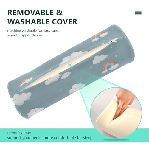 Clouds Stars Rainbows Blue Neck Roll Pillow Bolster Round Health Memory Foam Long Cervical Cylinder Pillows with Removable Washable Cover for Body Bed Legs Back Yoga - color: Clouds Stars Rainbows Blue