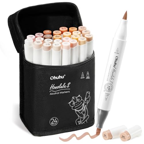 Ohuhu Alcohol Markers 24 Skin Colors Brush Soft Chisel for Portrait Drawing | Dual Tips Art Markers for Artists Adults Coloring Illustration Sketching, AP Certified Refillable Alcohol-based, Honolulu 2S - style: Brush& Soft Chisel