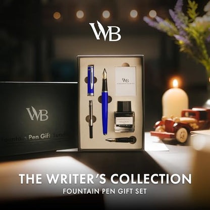 Wordsworth & Black Fountain Pen Gift Set, Medium & Extra Fine Nib, Blue | For Men & Women, Brass Body, 18K German Iridium, Ink Bottle + 6 Cartridges, Converter, Writing & Calligraphy, Journaling - color: Blue Chrome