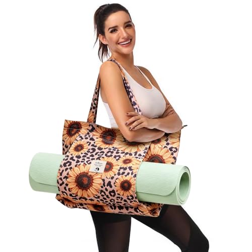WLLWOO Yoga Mat Carrier Bag for Women Canvas Carryall Tote Gym Pilates | Large Holder Zipper Shoulder for Beach Travel Workout Fitness Office - color: Leopard Sunflower