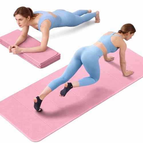 Foldable Fitness Mat, Extra Thick,Extra Long Wide Non-Slip TPE Exercise Mat for Yoga, Pilates & Home Gym Workouts(Pink)