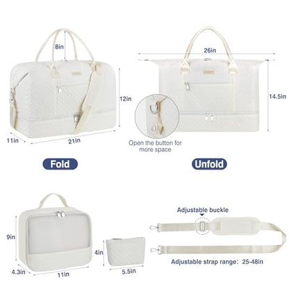 ITIEZY Weekender Bag for Women 21.5" Travel Duffel Large Carry On Bag 3PCS | Nylon Duffel Bag with Waterproof Shoe Compartment, Crossbody Bag and Toiletry Bag, Travel Weekend Hospital Overnight Gym Bag - color: 9A-Off White