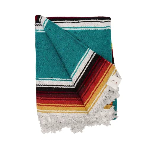 Open Road Goods Mexican Diamond Blanket - XL Heavyweight Yoga Blanket – Handmade in Mexico - Thick Boho Serape Saltillo Style Throw for Beach, Picnic, Home, Camping and More! (Teal Sunset) - color: Teal Sunset