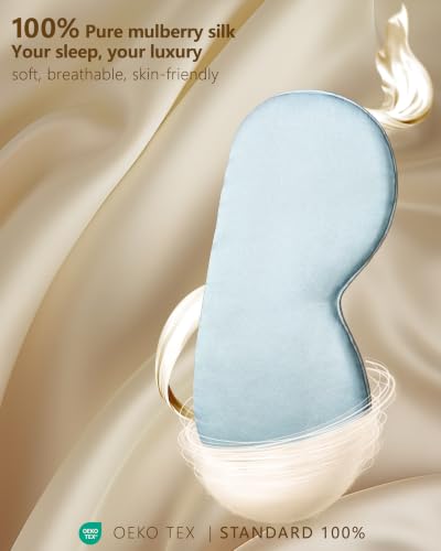 Silk Sleep Mask for Women and Men - Soft Lightweight Breathable Organic Mulberry Silk Blackout Lightproof Eye Mask with Adjustable Straps No Pressure for Travel Office Nap and Gifts (Light Blue) - color: Light Blue