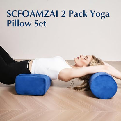 2-Pack Yoga Bolster Pillow Set: Rectangular & Cylinder Pillows for Meditation and Support, Yoga Pillows with Washable Velvet Cover, Triple-Layer Sponge with Carry Handle, Blue - color: Blue