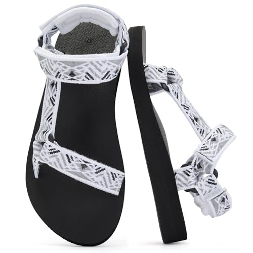 Womens Sport Hiking Water Sandals Quick Dry Outdoor | Comfortable Walking,Yoga Mat Insole,Athletic Sandals,Summer Shoes, Arch Support, Adjustable Straps，Ladies,Beach,River,Camping - color: Black White, size: 6