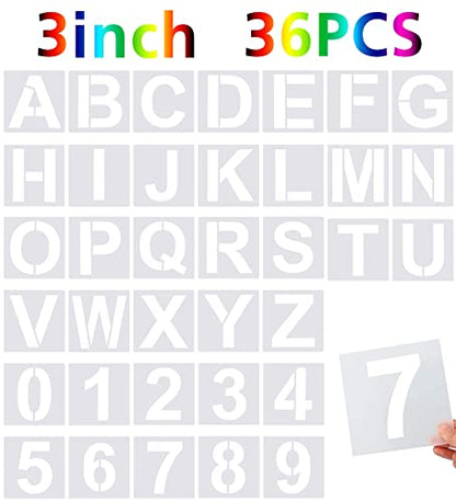 FEBSNOW 36 Pcs 3 Inches Alphabet Letter and Number Stencils | PET Plastic, Painting on Wood Wall Fabric Rock Chalkboard Glass DIY Art, Reusable Drawing Template, Pack of 36 Pcs 3 Inches - size: 3 inches