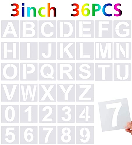 FEBSNOW 36 Pcs 3 Inches Alphabet Letter and Number Stencils | PET Plastic, Painting on Wood Wall Fabric Rock Chalkboard Glass DIY Art, Reusable Drawing Template, Pack of 36 Pcs 3 Inches - size: 3 inches