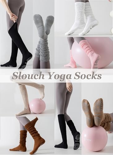 Hstyle Grip Pilates Socks for Women, Slouch Scrunch Yoga Barre Socks - color: White+black+pink