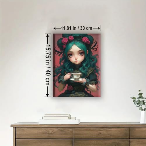 Aeontinity Flora Sipping Tea Doll Gothic Framed Canvas DIY Paint by Numbers Kit Bar Cafe Cave Home Room Wall Bathroom Porch Patio Decor Gift, 16 x 12 Inch - color: FLORA SIPPING TEA DOLL