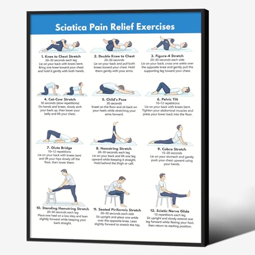 Sciatica Pain Relief Exercises Sports Posters Lower Back & Nerve Stretch Routine Sciatic Nerve Mobility Chart Wall Art Home Hamstring Workouts Print For Living Room Gym 8x10 Inch Black Framed - color: Pain Relief Wall Art, size: 10"L x 8"W, style: Black F