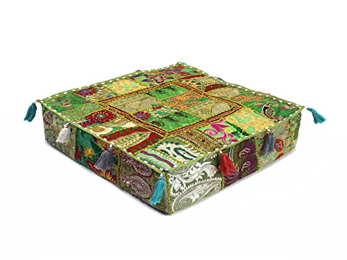Mam Treasures Indian Bohemian Decorative Pillow Vintage Cushion Cover Patchwork Square Floor Pillow Cover Meditation Cushion Large Floor Pillow Indian Cushion (Light Green, 16 X 16 X 5 Inch) - color: Light Green, size: 16" x 16" (Pack of 1)