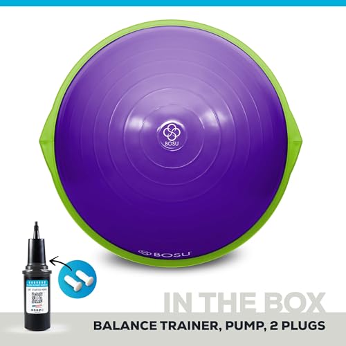 Bosu Balance Ball Exercise Trainer, Home Gym Equipment w/Guided Workouts & Pump, 26" Inflatable Fitness Platform for Strength Training, Standing, Balancing, and Core Workout - color: Purple/Lime Green