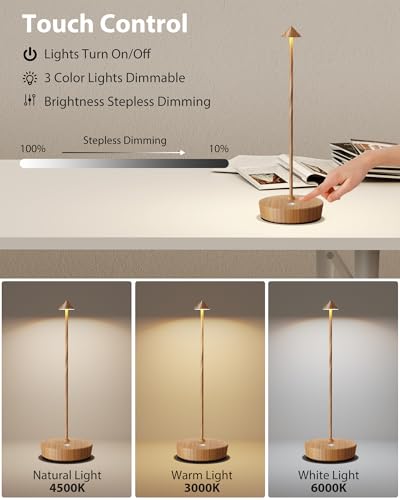 Cordless Table Lamps Rechargeable LED Table Light | 6000mAh Battery Operated Outdoor Up to 60H IP54 Waterproof Portable 3 Color Touch Dimmable for Patio Restaurant Dining Home Wooden - color: 2Pack Bamboo Wood