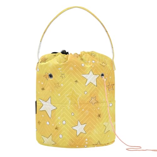 Cartoon Golden Stars and Dots Yarn Bag Small Crochet Bag Drawstring Yarn Storage Organizer Knitting Project Bags Potable Yarn Holder with Holes Handle Crocheting Needles Knitting Accessories - color: Cartoon Golden Stars and Dots