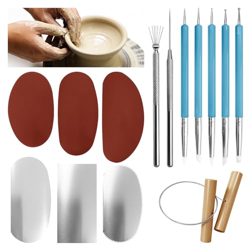 14 Pcs Pottery Clay Sculpt Tools for Sculpting Texturing | Silicone and Stainless Steel Squeegee, Detail Needle, Texture Needle, Cutting Cord, 5 Ceramic Double-Ended Pens