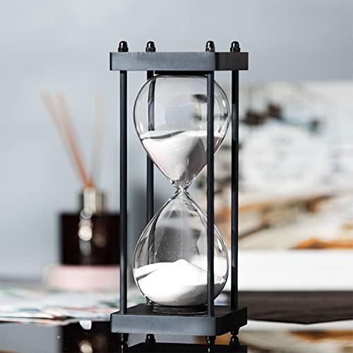 SAMLONG Large Hourglass Timer 60 Minute, Black Wooden Sandglass, White - color: 60 Min White Sand