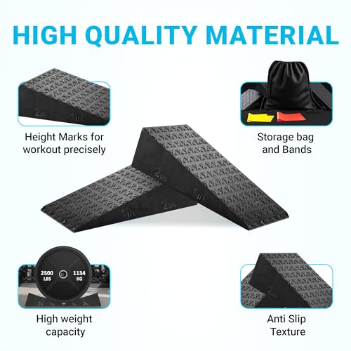 Uwaomah.Squat wedge, pack of 2, 1500 LBS Capacity, 1" & 2" Heel Elevated Squat wedge block of calf stretching & Physical Therapy, Foot Workout Wedge, Ankle Mobility, Portable Heavy Duty Blocks