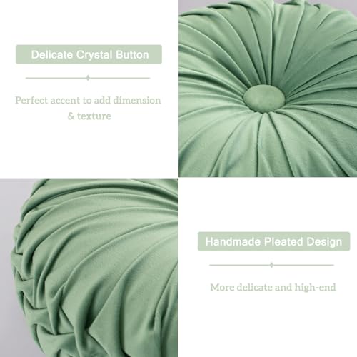 HIG Set of 2 Sage Velvet Decorative Round Pleated Throw Pillows - color: Sage