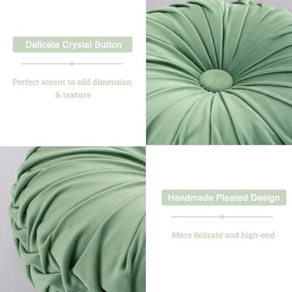 HIG Set of 2 Sage Velvet Decorative Round Pleated Throw Pillows - color: Sage