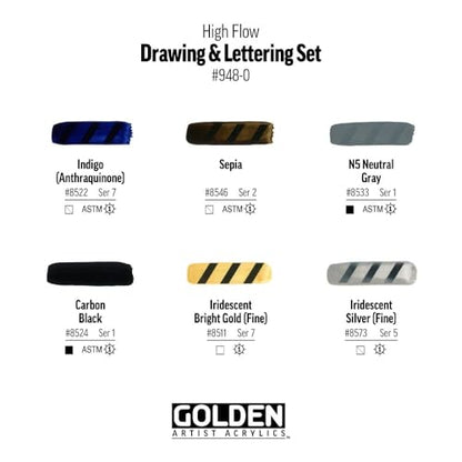 High Flow Acrylics by GOLDEN, High Flow Drawing & Lettering Set, 6 Colors, Professional Acrylic Paint