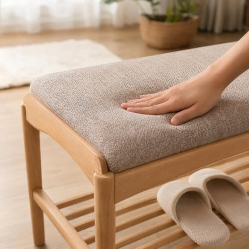 Oak Wood Shoe Bench, 40 Inch Entryway Bench with Gray Cushion - color: Natural + Gray Cushion, size: 39.37"