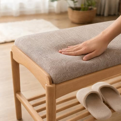 Oak Wood Shoe Bench, 40 Inch Entryway Bench with Gray Cushion - color: Natural + Gray Cushion, size: 39.37"