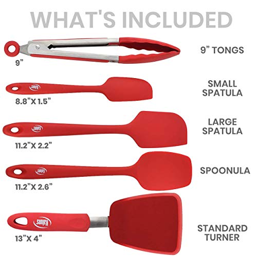 Kaluns 5-Piece set Includes 3 Silicone Spatulas 1 Turner and 1 9" Tong Kitchen Tools Best for Cooking,Baking and Mixing, Strong Stainless steel core design Non-stick and 600F Heat resistant - color: 3 Spatula + Turners + Tongs Red