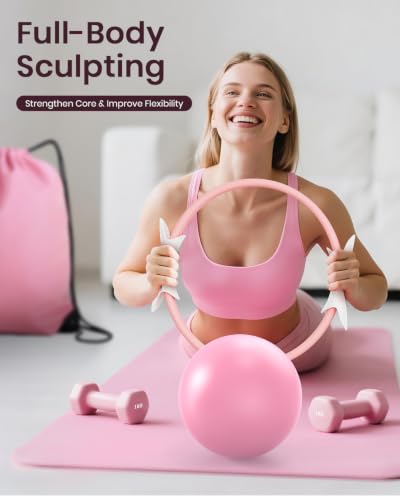 Pilates Ring Set for Women, Home Workout Pilates Equipment with Resistance Bands, 14'' Magic Circle, Mini Ball, Pilates Starter Kit for Strength, Toning and Flexibility - color: Pink, size: Large-Level3