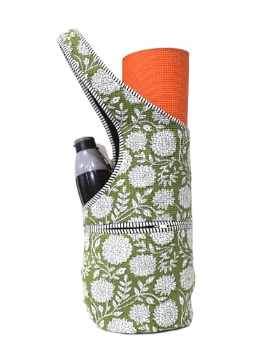 INDIAN CRAFT CASTLE Yoga Mat Bag | Tote Mat Bag | Sling Yoga Tote w/Large Side Pocket & Zipper Pocket | Yoga Mat Carrier Fits Most Size Mats - color: Green & White