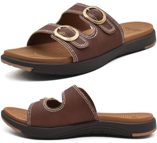 COFACE Womens Orthotic Slides Comfort Plantar Fasciitis Arch Support Slip on Flat Sandals Ladies Soft Cushion Fashion Yoga Mat Slippers With Adjustable Straps - color: Brown, size: 9