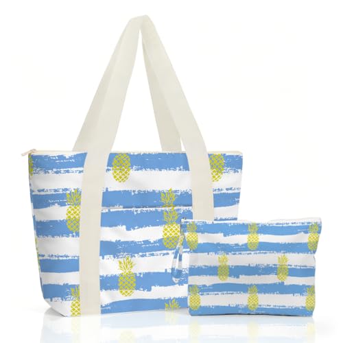 IAXIC Waterproof Tote Bag and Wet Bag Set, Summer Pattern Design for Beach Travel Gym Holiday Gifting - color: Blue Stripe Pineapple