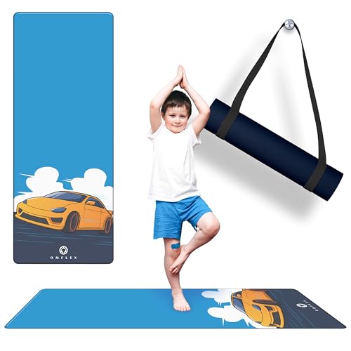 Kids Yoga Mat with Carrying Strap – 60"x24" Non-Slip Premium Exercise Mat for Kids, 3mm Thick Non-Toxic, PVC-Free Play Mat for Children, Dolphin, Car & Supergirl Designs - color: Car
