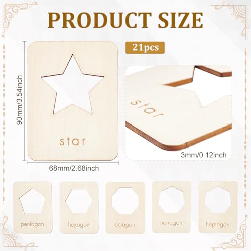 BENECREAT 21 Shapes Wood Geometry Stencils, 3.5x2.7 Inch Reusable Drawing Stencil Template Tool Set for Chalk Paintings and Acrylic Paintings, Wood Stencils for DIY Crafts, Shape Recognition Card