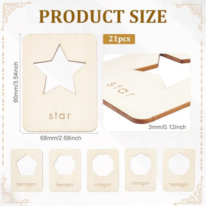 BENECREAT 21 Shapes Wood Geometry Stencils, 3.5x2.7 Inch Reusable Drawing Stencil Template Tool Set for Chalk Paintings and Acrylic Paintings, Wood Stencils for DIY Crafts, Shape Recognition Card