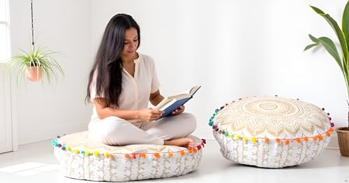 ICC Floor Pillows & Cushion covers Decorative Hippie Mandala Pouf Pillow covers Seating Meditation Cushion Cover Large Boho Ottoman Case Pillowcase Couch White Gold Ombre 16" Round - color: White Gold, size: 16"D x 16"W x 5"H