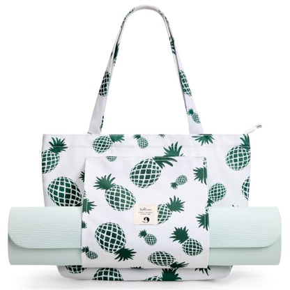 WLLWOO Yoga Mat Carrier Bag for Women Canvas Carryall Tote Gym Pilates | Large Holder Zipper Shoulder for Beach Travel Workout Fitness Office - color: Pineapple