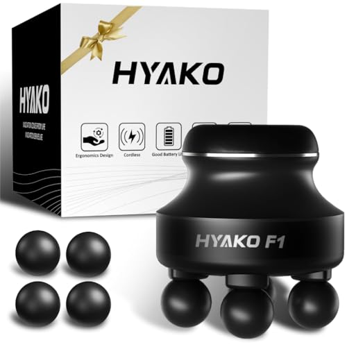 HYAKO F1 Handheld Deep Tissue Massager | Muscle Pain Relief,5 Speed 4 Heads | Portable Orbital Professional Muscle Massager Tool for Easing Shoulder and Back Tension and for Myofascial Release