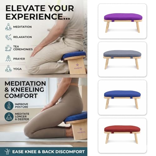 Yogikuti Folding Meditation Bench, Purple | Removable Cushion, Wooden Seiza Kneeling Stool, Ergonomic Meditation Seat, for Home & Yoga Studio, Comfortable Posture (Blue) - color: Blue