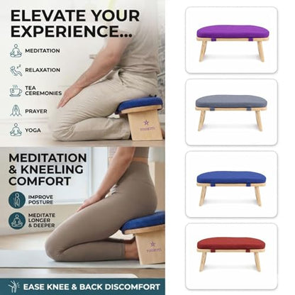 Yogikuti Folding Meditation Bench, Purple | Removable Cushion, Wooden Seiza Kneeling Stool, Ergonomic Meditation Seat, for Home & Yoga Studio, Comfortable Posture (Blue) - color: Blue