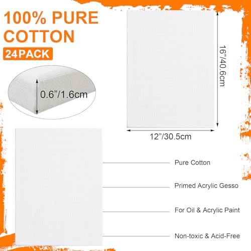 Ireer 24 Pcs Stretched Canvas Bulk, White Canvases for Painting, Cotton Blank Canvas Boards for Kids, Art Supplies Panels for Oil, Acrylic, Watercolor Paint(12 x 16 Inch)