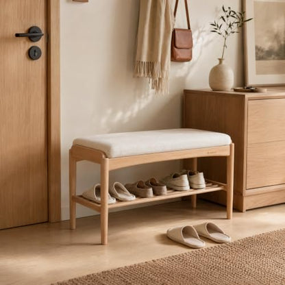Solid Wood Shoe Bench, 40 Inch Entryway Bench with Light Gray Cushion - color: Natural + Light Gray Cushion, size: 39.37"