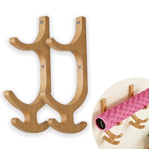 Wooden Yoga Mat Holder Wall Mount, Wooden Yoga Mat Storage Rack, Solid Wooden Yoga Mat Holder, Yoga Mat Holders with hooks Space Saving Yoga Mat Holders for Mats,Resistance Bands,Jump Ropes,Home Fitness Storage