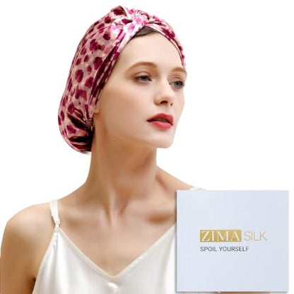 ZIMASILK 22 Momme 100% Pure Silk Bonnet for Sleeping, Leopard Pink/Purple - color: Leopard - Pink/Purple