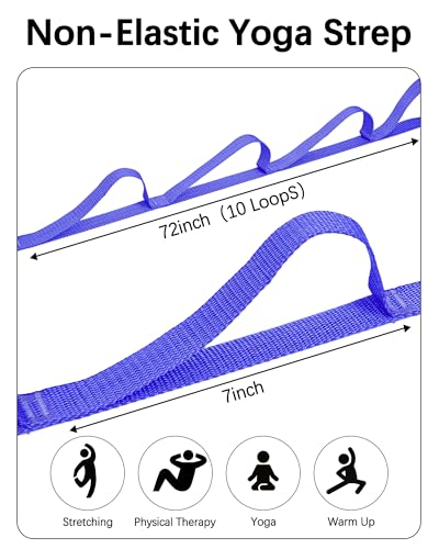 10 Loop Yoga Stretching Strap for Physical Therapy - Non-Elastic Exercise Band for Pilates, Yoga, Stretching for Women & Men - color: Blue