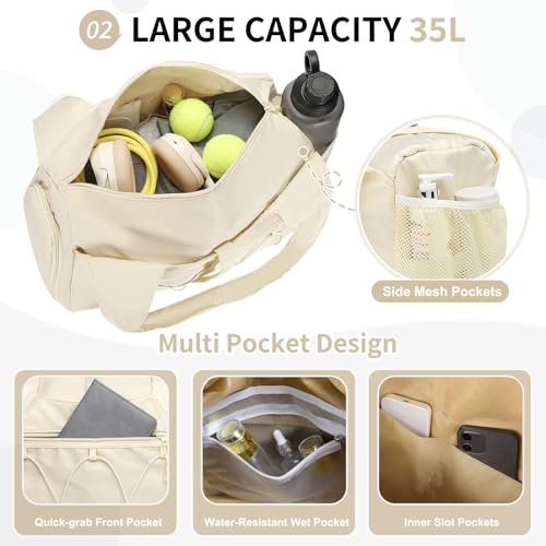 Small Gym Bag for Women with Shoe Compartment 35L, Beige - color: Beige